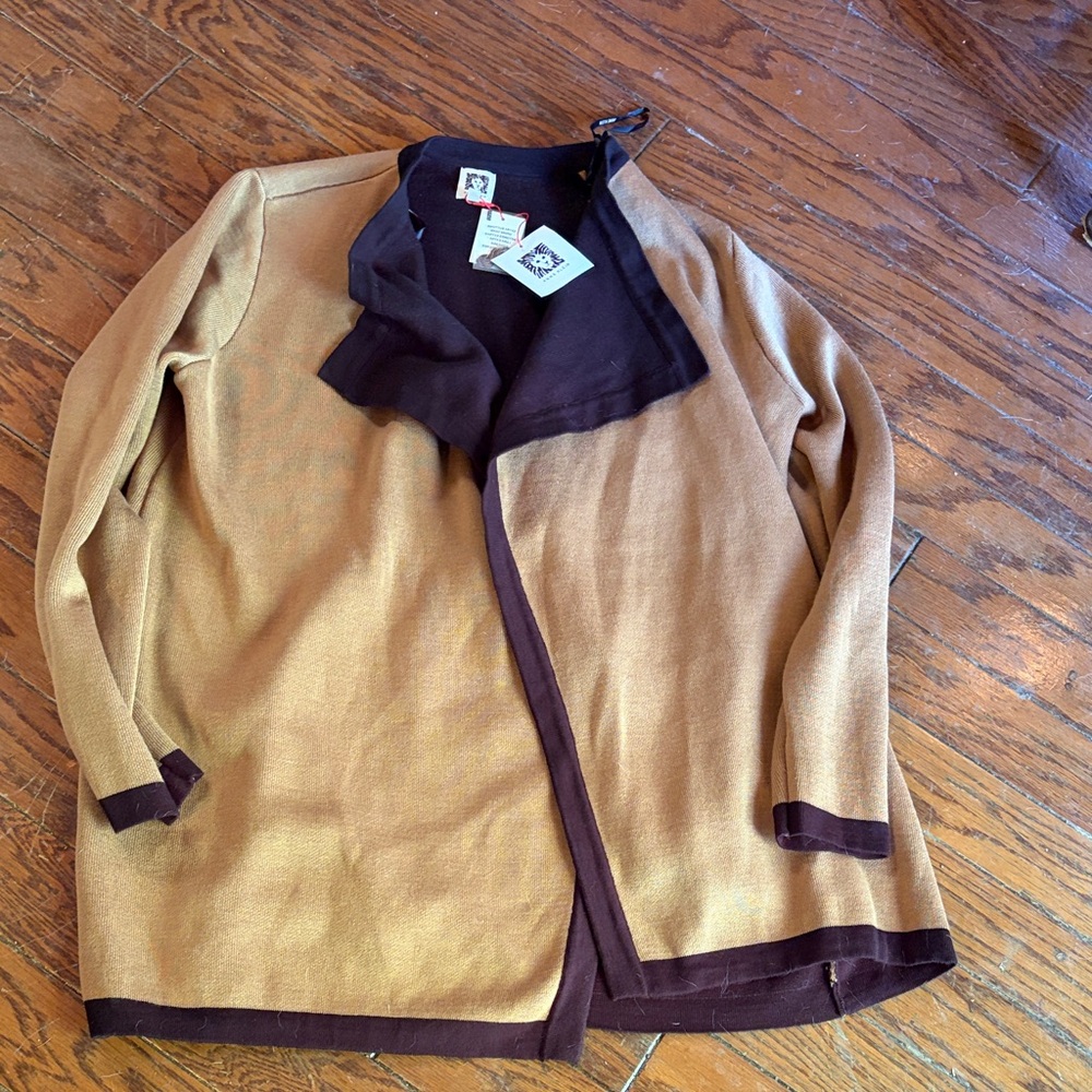 Anne Klein Two-Tone Open Front Cardigan in Camel and Chocolate
